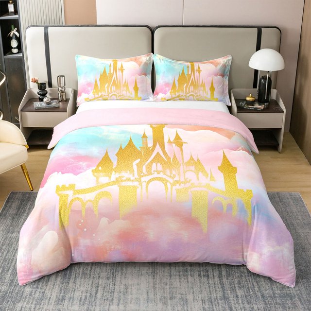 Erosebridal Housse de Couette en Coton 100 % à Motif de Château Doré pour Lit Simple, Housse de Couette en Coton 100 % Conte de Fées de Rêve Taille Lit Simple, Déco de Chambre Aquarelle, Réversible (Sans Couette)