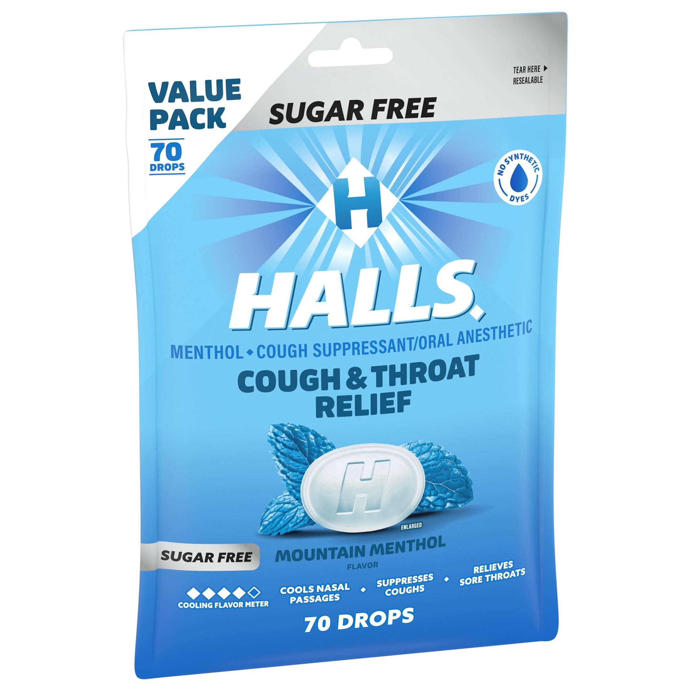 HALLS Cough and Throat Relief Mountain Menthol Sugar Free Cough Drops, Value Pack, 70 Drops