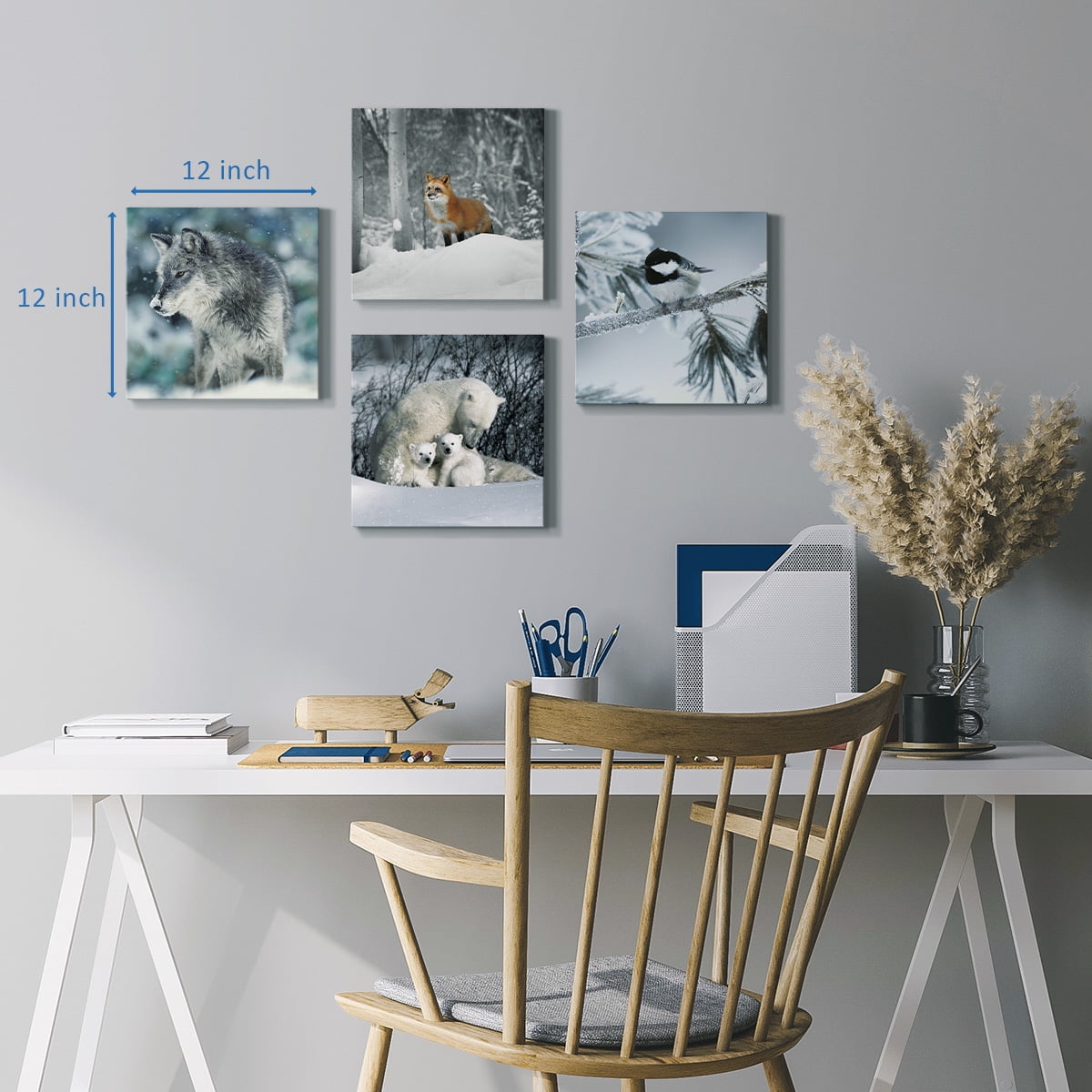 Wexford Home Wildlife Animal Wall Art 24 x 24 inches Each, Fox Wolf Polar Bear Chickadee Picture Prints Set of 4 Decoration for Cabin Motel Home Wall Decor