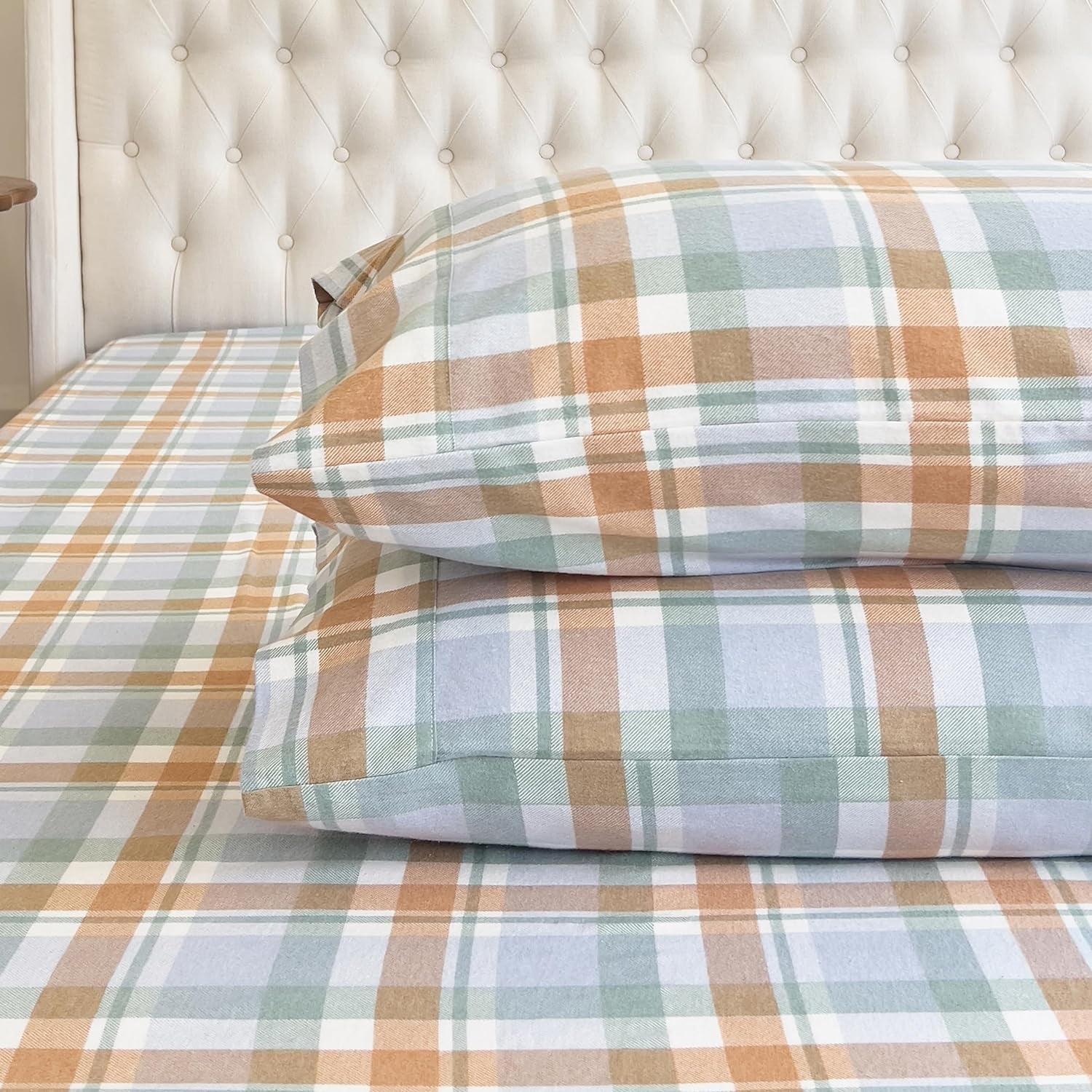 Elegant Comfort Soft 4-Piece Cotton Flannel Sheet Set -Deep Pocket Fitted Sheet, Flannel Sheets - Queen, Plaid Coral