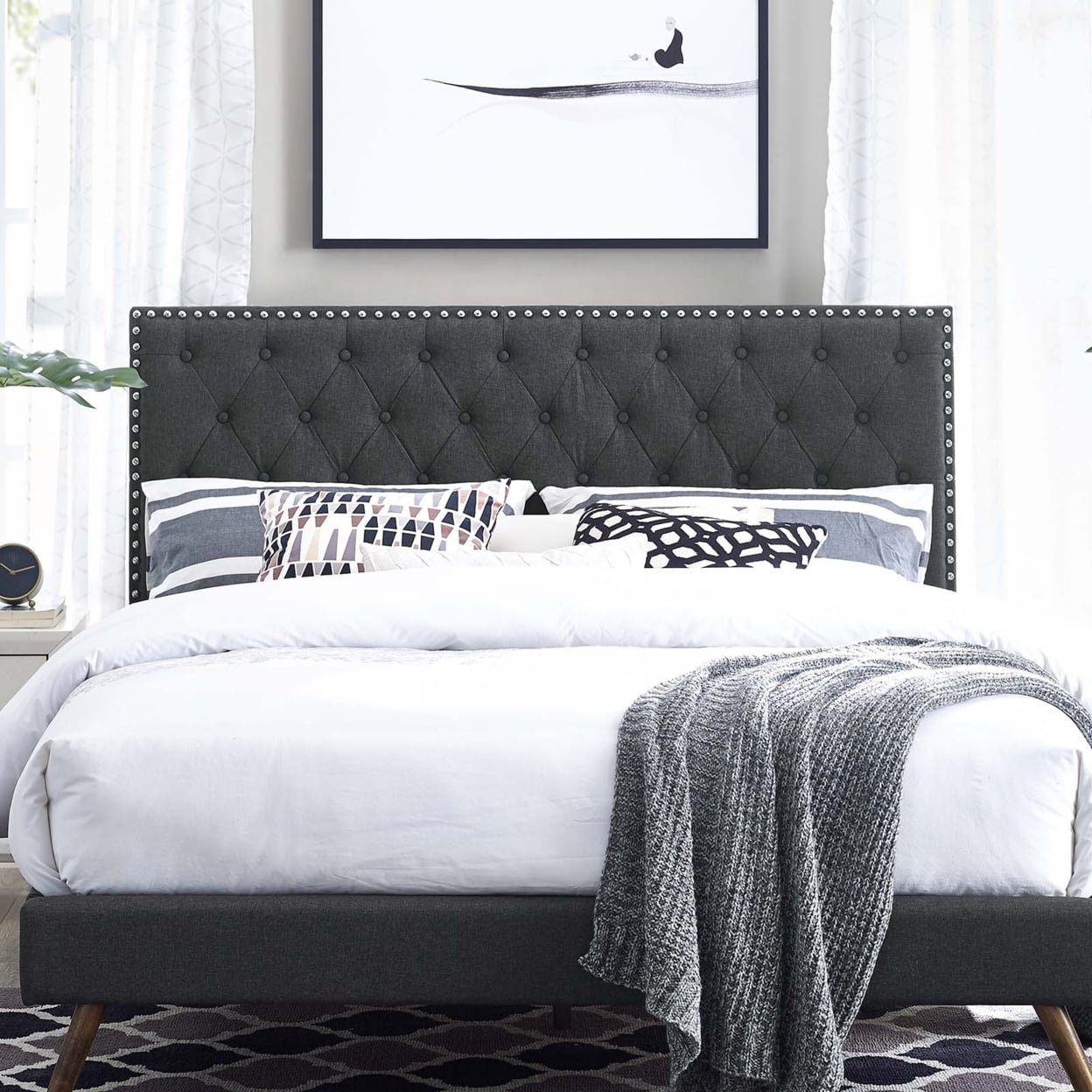 Modway Helena Tufted Full/Queen Upholstered Linen Fabric Headboard in Gray