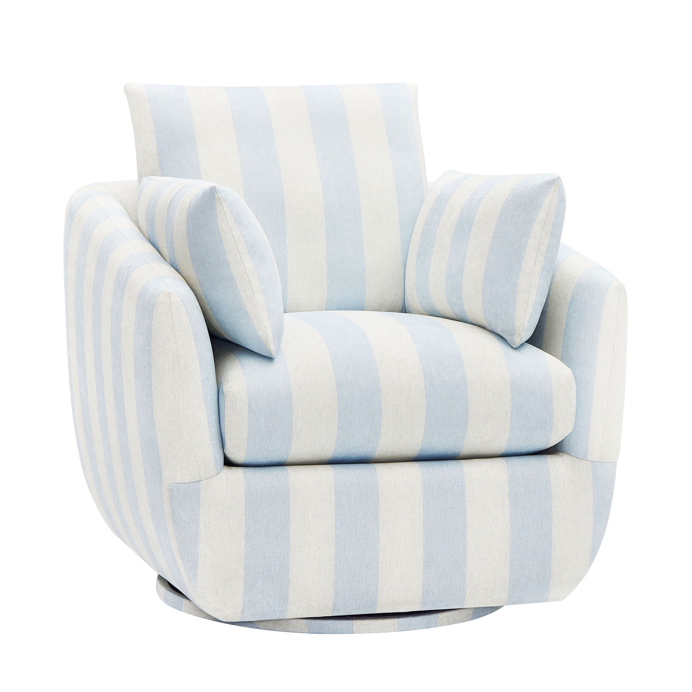 Beautiful Louisa Swivel Chair by Drew Barrymore, Hydrangea and Cream Stripe Fabric