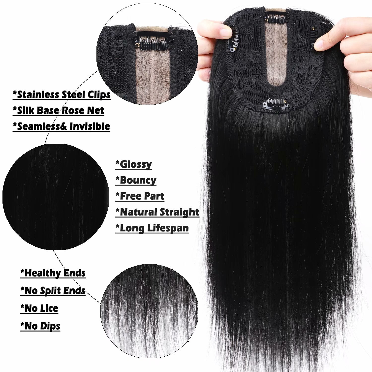 Benehair 100% Real Remy Human Hair Extensions Clip In Topper Toupee Hairpiece Silk Base for Women Hair Loss 12cm*10cm US