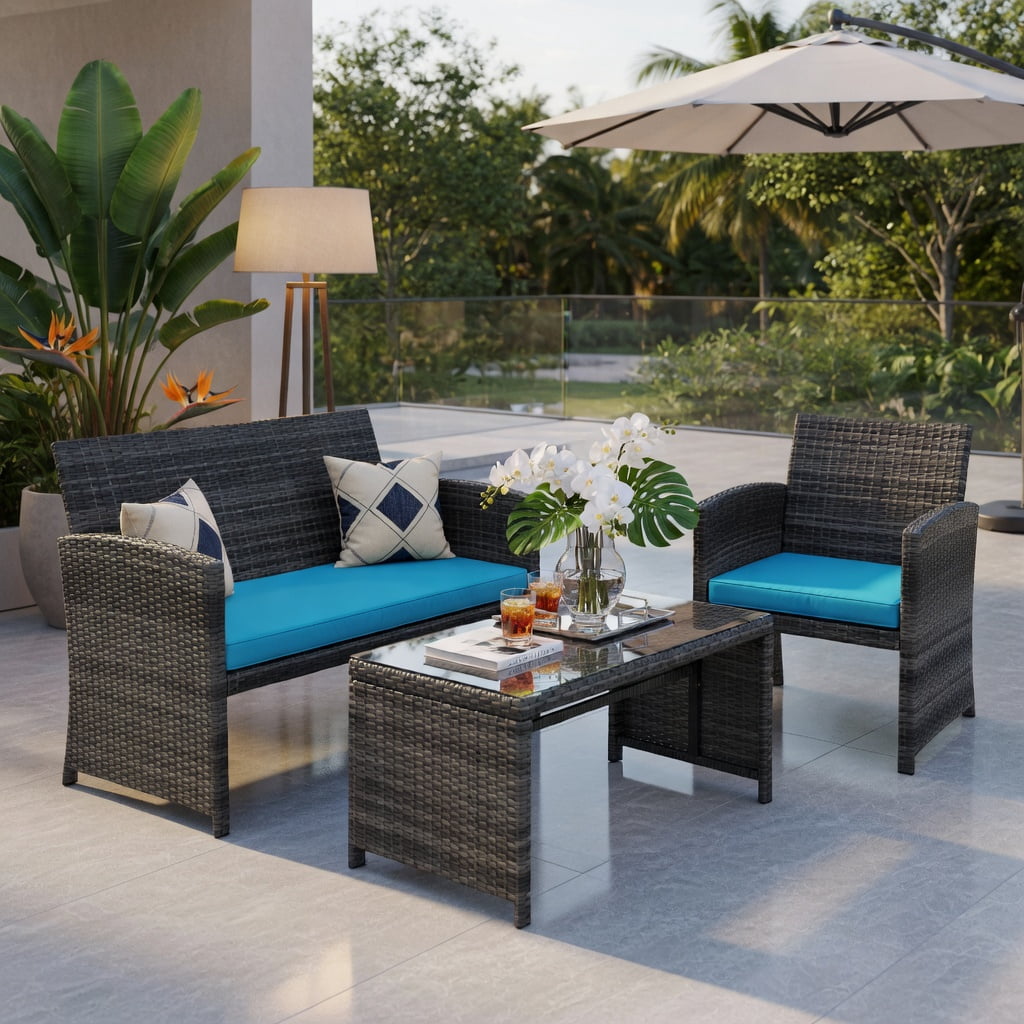 Hommoo 4-Piece Outdoor Rattan Patio Furniture Set with Removable Cushions, Turquoise