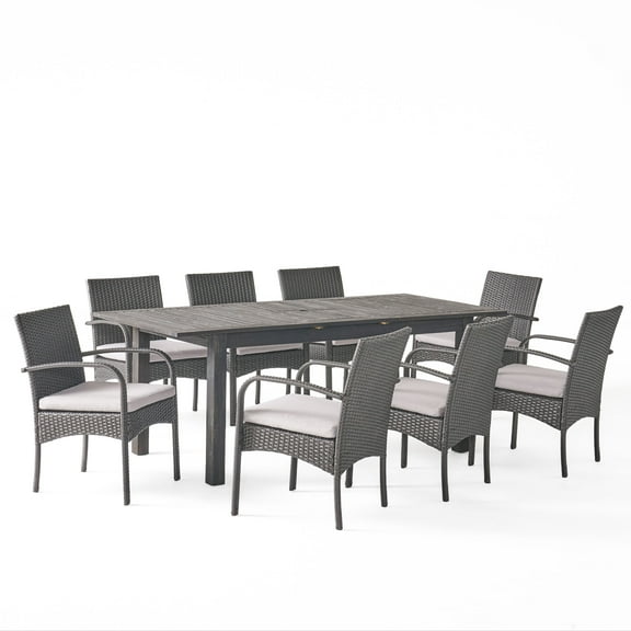 GDF Studio Elis Outdoor Wood and Wicker 9 Piece Expandable Dining Set, Dark Gray and Gray