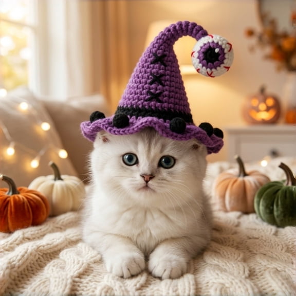 Halloween Crochet Pet Hat Seasonal Pet Witch Hat With Spooky Eyeball Knitted Design Fall Pet Party Dress Up Accessory For Small Cats Holiday Party Photo Decoration