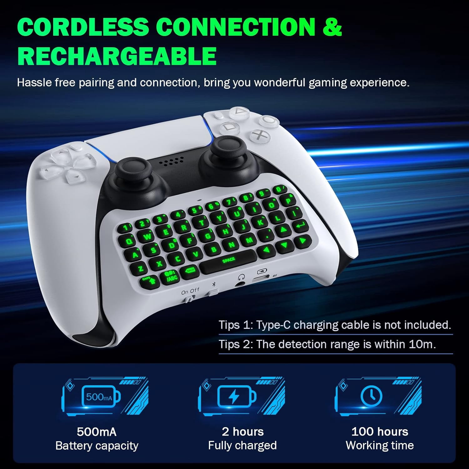 Bluetooth 3.0 Wireless Keyboard With Green Backlight for PS5 Controller,Mini Portable Gamepad Chatpad with Built-in Speaker&3.5MM Audio Jack, Voice Chat Board for Messaging&Gaming Live Chat,white