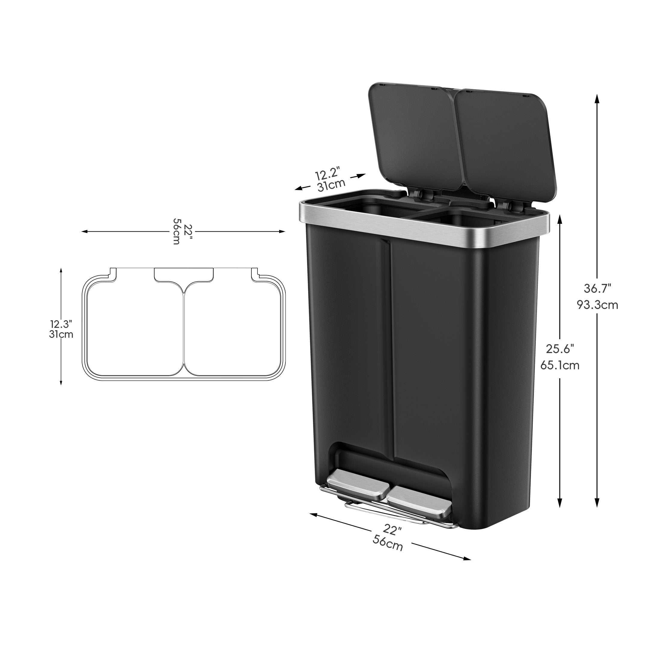 Better Homes & Gardens Kitchen Recycle Trash Can, 16 Gallon Plastic Dual Compartment Step Garbage Bin, Black