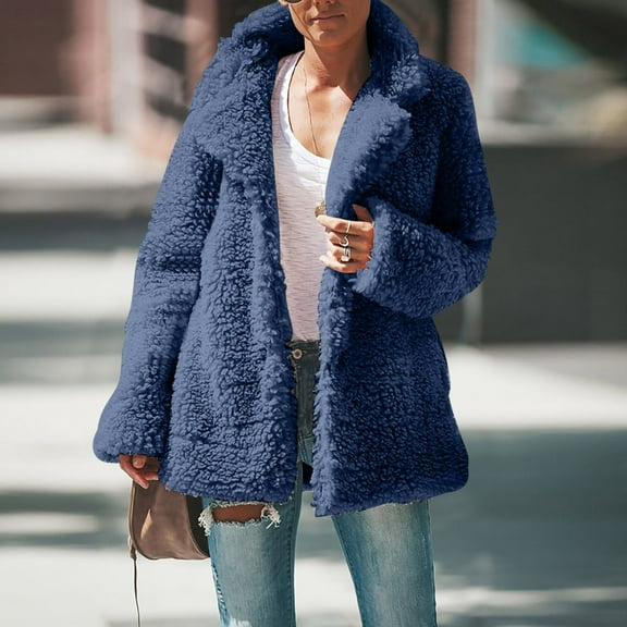 Qetyuw Winter Fuzzy Coat for Women Lapel Long Sleeve Open Front Cardigan Jacket Casual Warm Coats Outwear