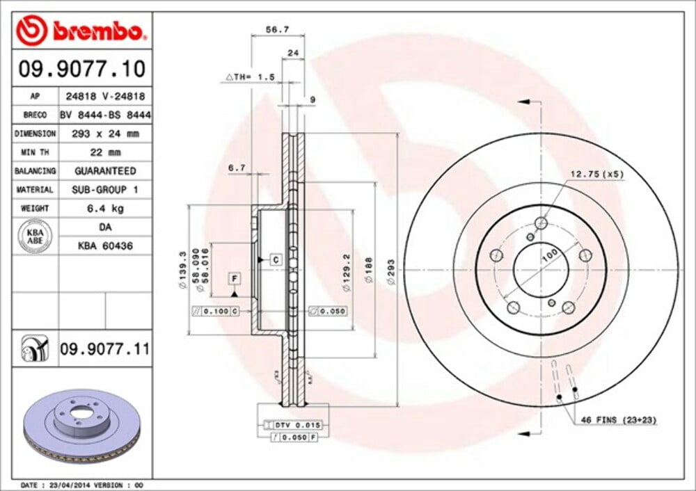 Brembo 09.9077.11 BRAKE ROTORS Fits select: 2004-2006 SUBARU FORESTER 2.5X, 2007 SUBARU FORESTER 2.5X PREMIUM