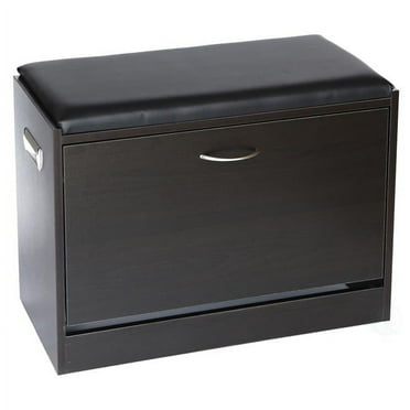 Wooden Fold-Out Storage Bench with Leather Cushion Shoe Organizer, Black