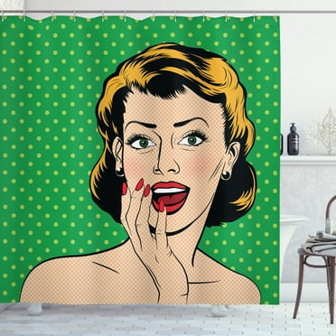 Vintage Woman Shower Curtain, Beautiful Suprised Woman Expression on Dotted Background Pop Art Comics Style, Fabric Bathroom Set with Hooks, 69W X 84L Inches Extra Long, Multicolor, by Ambesonne