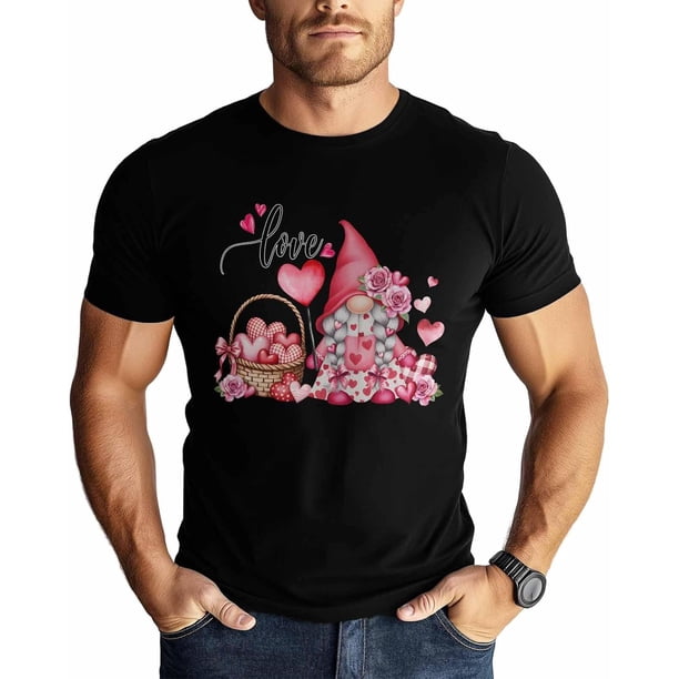 Camisetas para hombre, camiseta de algodón con cuello redondo, corazones, gnomos y rosas, manga corta, romántica, San Valentín, flores y corazones.
