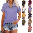 thumbnail image 4 of Blusa Cremallera Cuello en V Abertura lateral Color puro Casual Tops sueltos de manga corta para mujer, 4 of 6