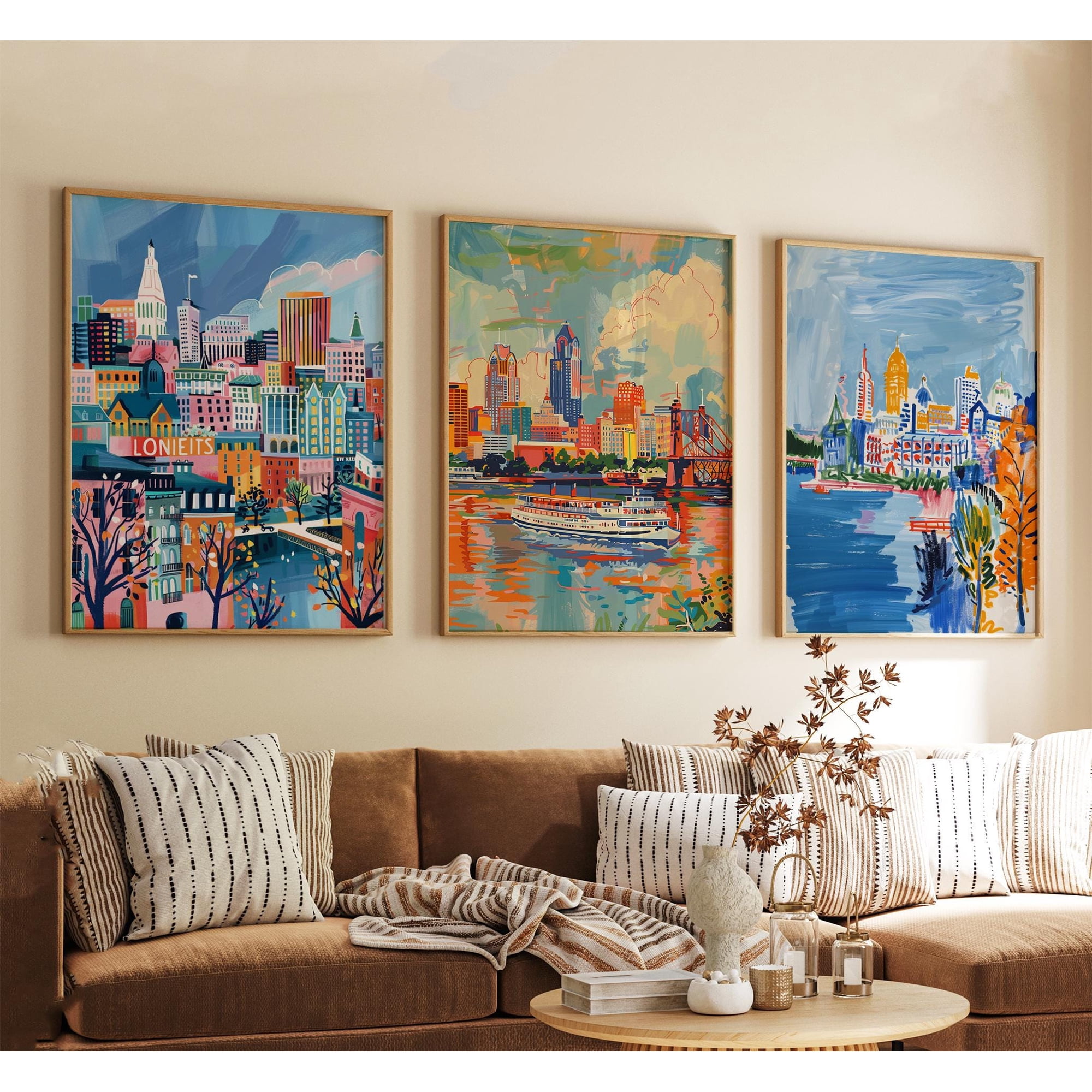 Louisville Kentucky Poster City Travel Wall Art Usa Riverfront Skyline Print Vintage Minimalist Style Set 3