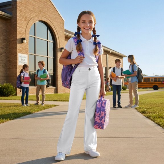 Flare School Uniform Pants for Girls, Preppy Casual Trousers, Trendy Everyday Bottom Staples for Student Girls (White,5-6 Years)