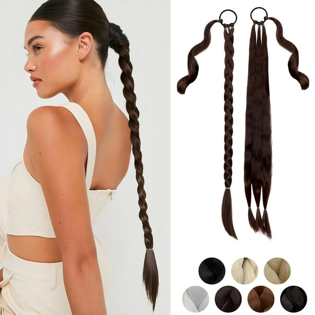 Cephermer Extensión de cola de caballo trenzada 26 '' 30 '' Extensiones de cabello trenzadas largas DIY Cola de caballo con lazo elástico Envoltura recta alrededor de postizo sintético suave natural p