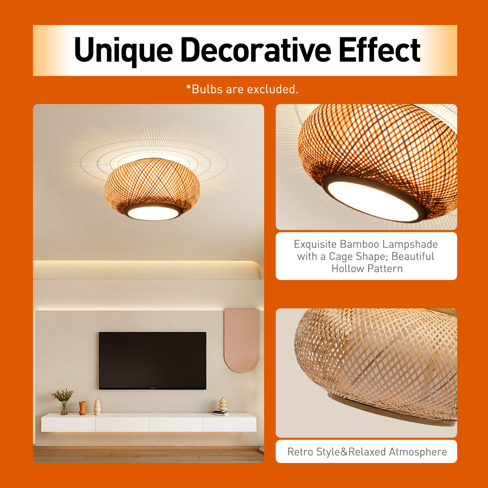 Bamboo Pendant Light Rattan Light Fixture Ceiling, Hand Woven Rattan Domed Shape Woven Light Boho Chandelier with Adjustable Cord for Bedroom Living Room Study Room 16inch