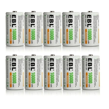 EBL 10000mAh Rechargeable D General Purpose Batteries, 10 Pack