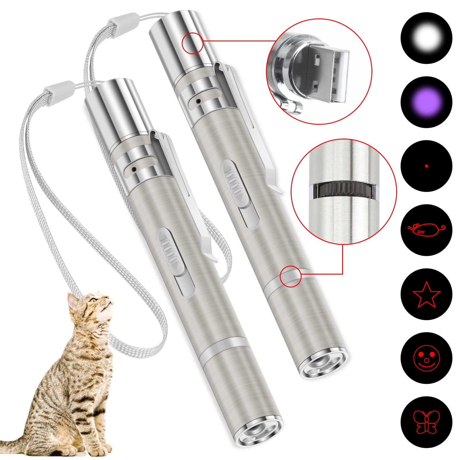 LASER POINTER SUPER USB PEN ~ Cat Pet Toy Rechargeable Red UV Flashlight 