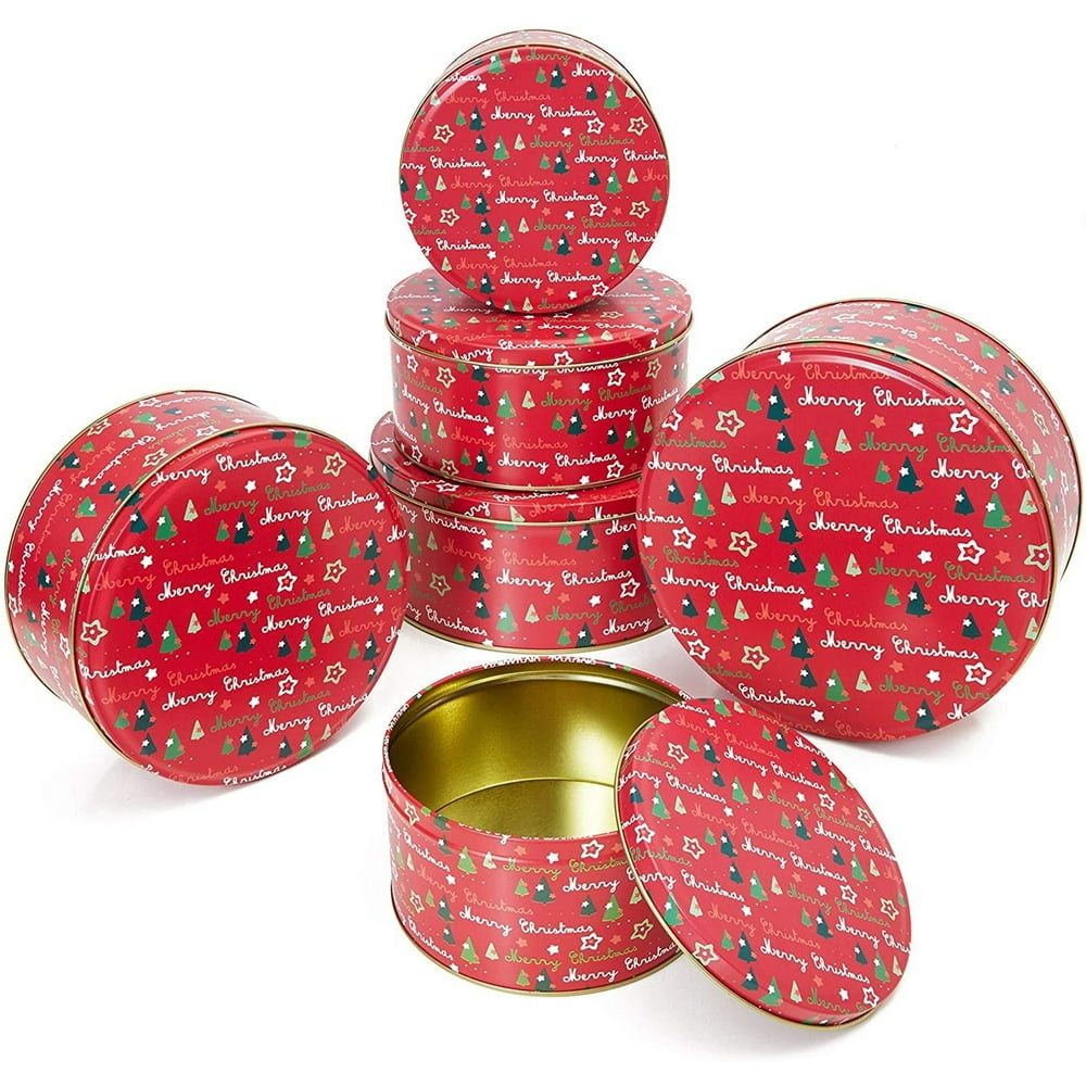 Set of 6 Red Christmas Empty Round Cookie Tins Set with Lids, Food