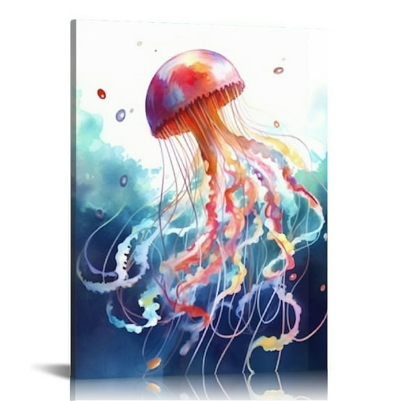 JEUXUS Sea Animal Wall Art Watercolor Jellyfish Painting Canvas Prints Colorful Marine Life Pictures Blue Bedroom Bathroom Decor Ready to Hang (Small) 16x20\
