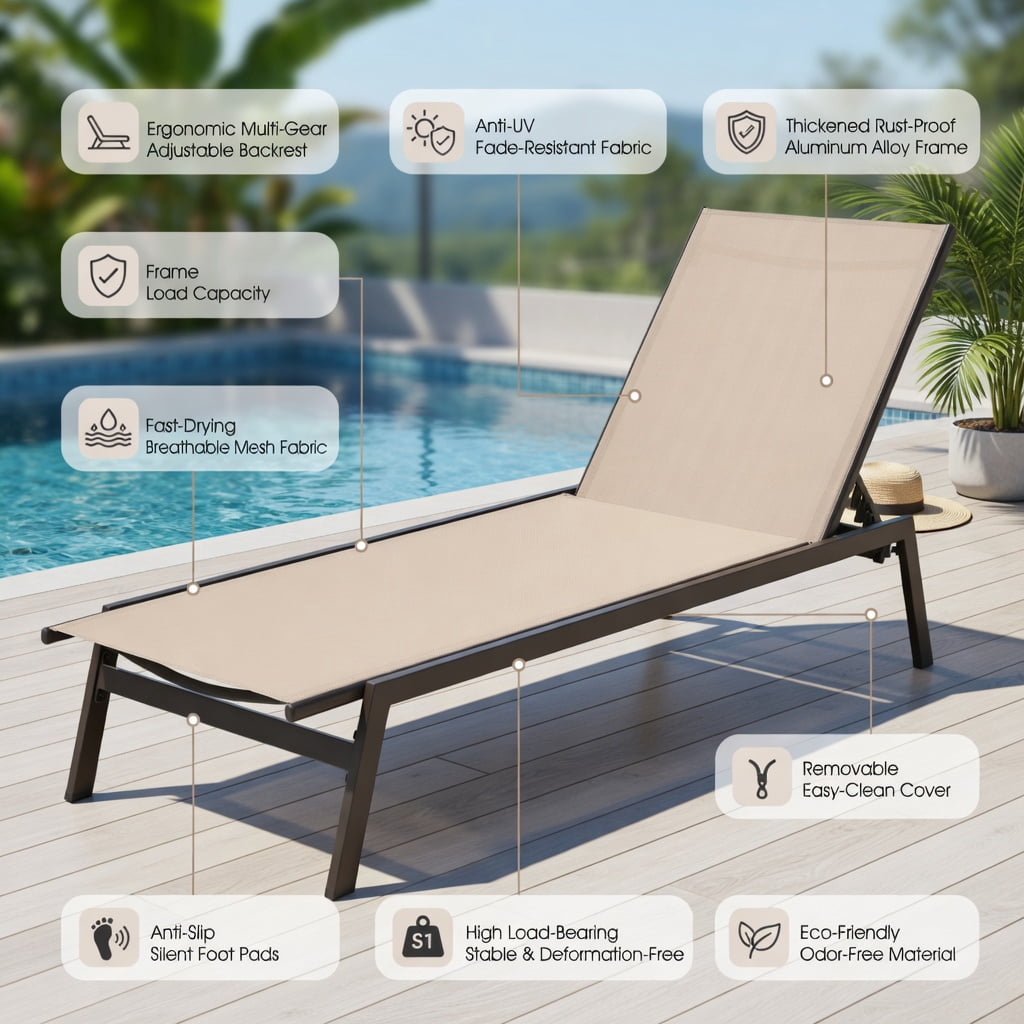 Hommoo 6-Position Adjustable Outdoor Chaise Lounge Chair, Rustproof Steel Frame, Quick-Drying Fabric, Brown