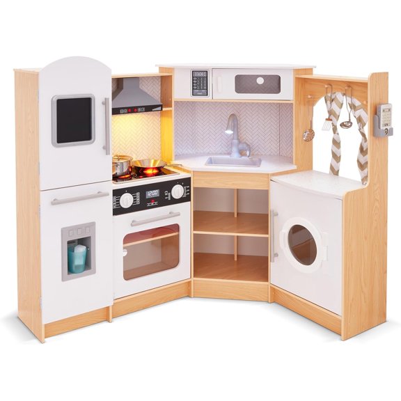 Lil' Jumbl Corner Kids Wooden Kitchen Playset with Stovetop and Faucet