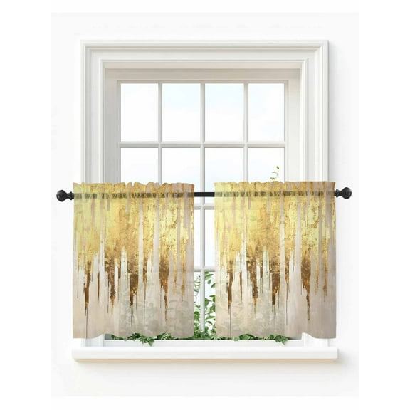 Abstract Gold Tier Curtains 24 Inch Length, Sheer Curtains for Bedroom Living Room Window Modern Luxury Strokes Artwork Rod Pocket Voile Drapes Kitchen Curtains Small Half Window 27.5"x24" 2 Panels