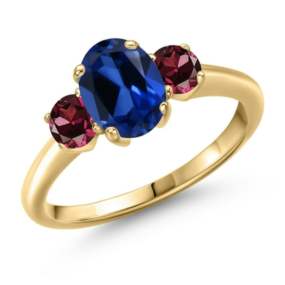 Gem Stone King 2.34 Ct Blue Created Sapphire Red Rhodolite Garnet 18K Yellow Gold Plated Silver Ring (Size 6)