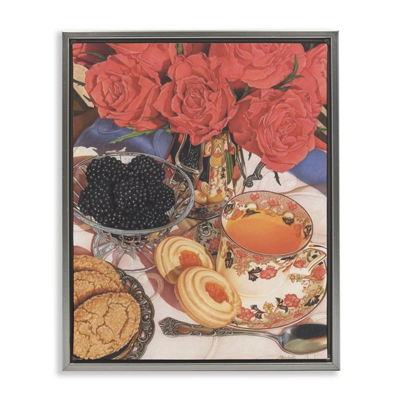 Stupell Industries Tea Party & Berries Food & Beverage Painting Gray Floater Framed Art Print Wall Art, 17 x 21