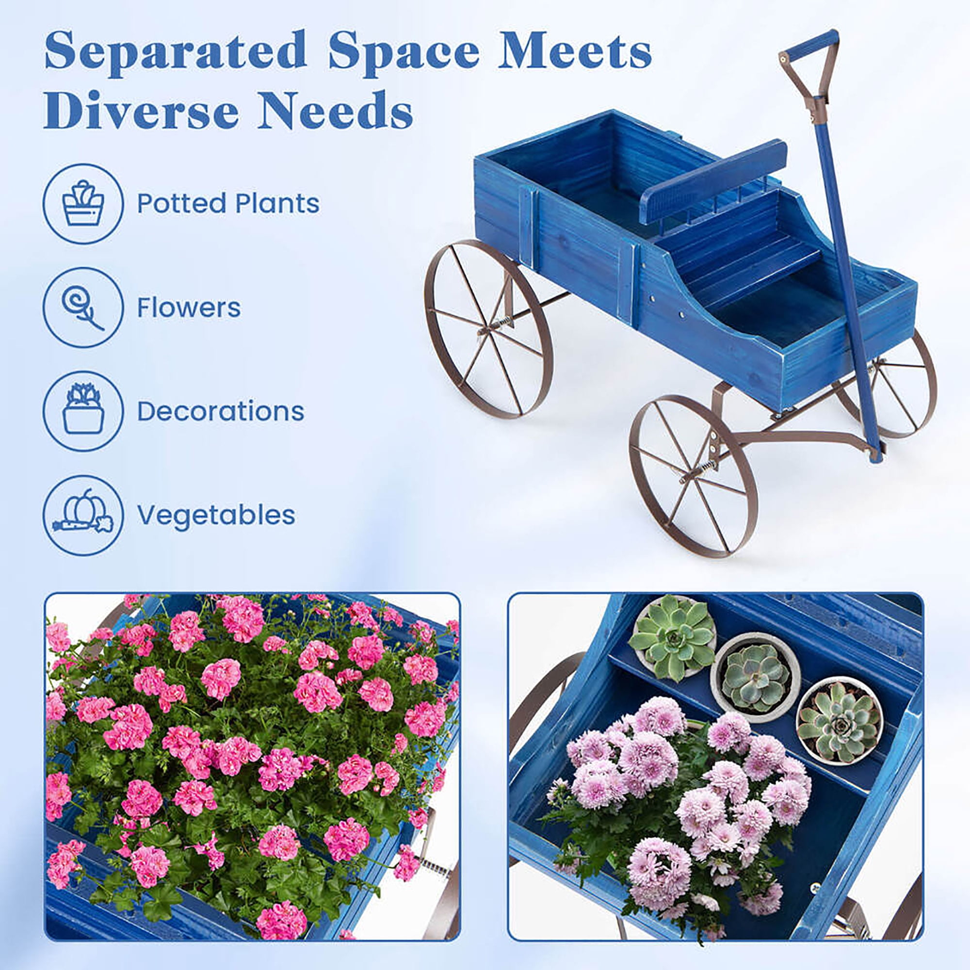 Gymax Wooden Garden Flower Planter Wagon Plant Bed W/ Wheel Garden Yard Blue