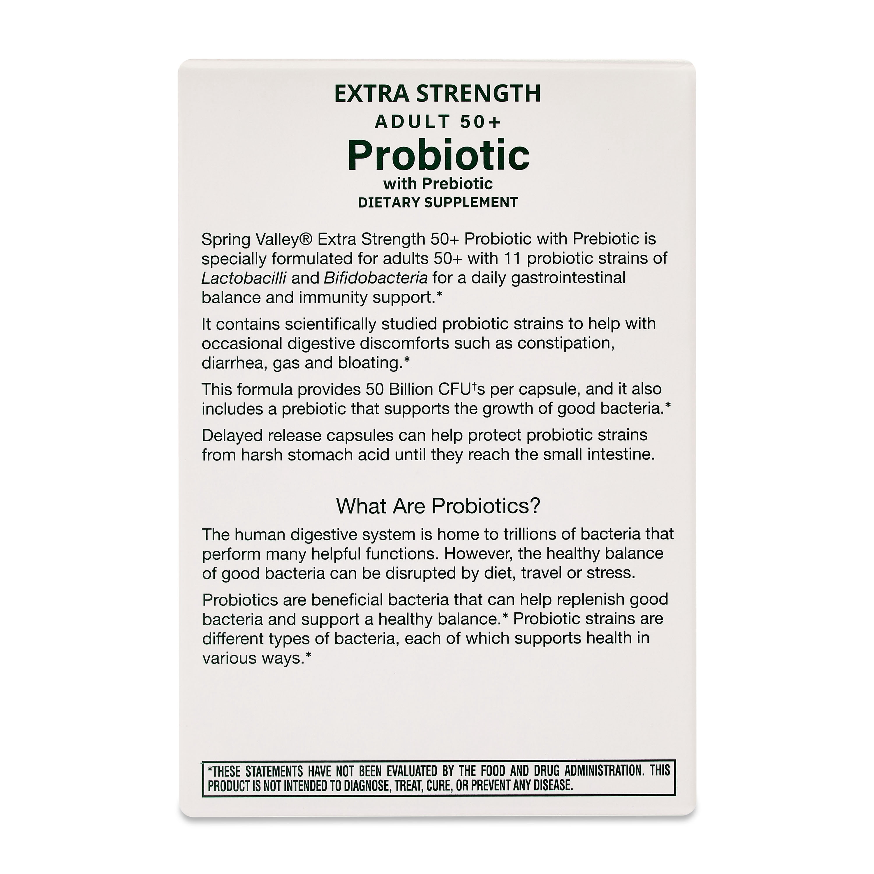 Spring Valley Extra Strength Age 50+ Probiotic with Prebiotic Dietary Supplement Delayed Release Vegetarian Capsules for Digestive Health, 30 Count