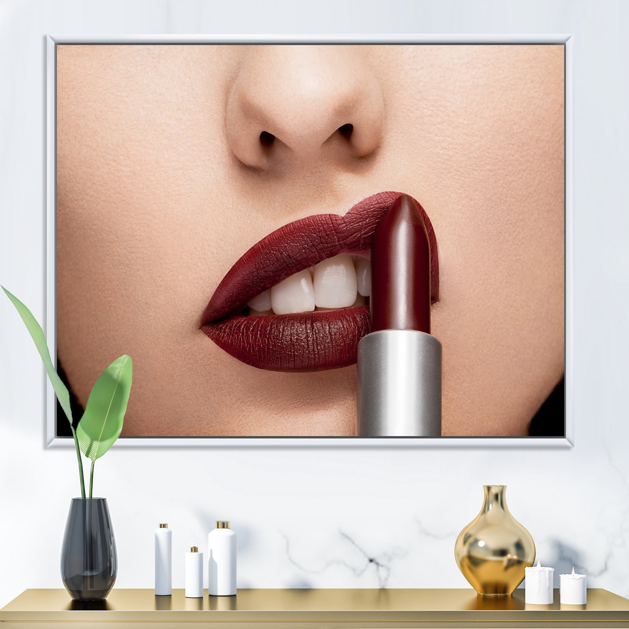 Designart 'Woman Applying Red Lipstick On Lips II' Modern Framed Canvas Wall Art Print