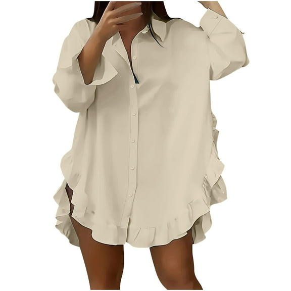 Ruimatai Women's Casual Loose Ruffle Hem Blouse Long Sleeve Lapel Shirt Comfortable Polyester Pullover Top Fashion Tunic