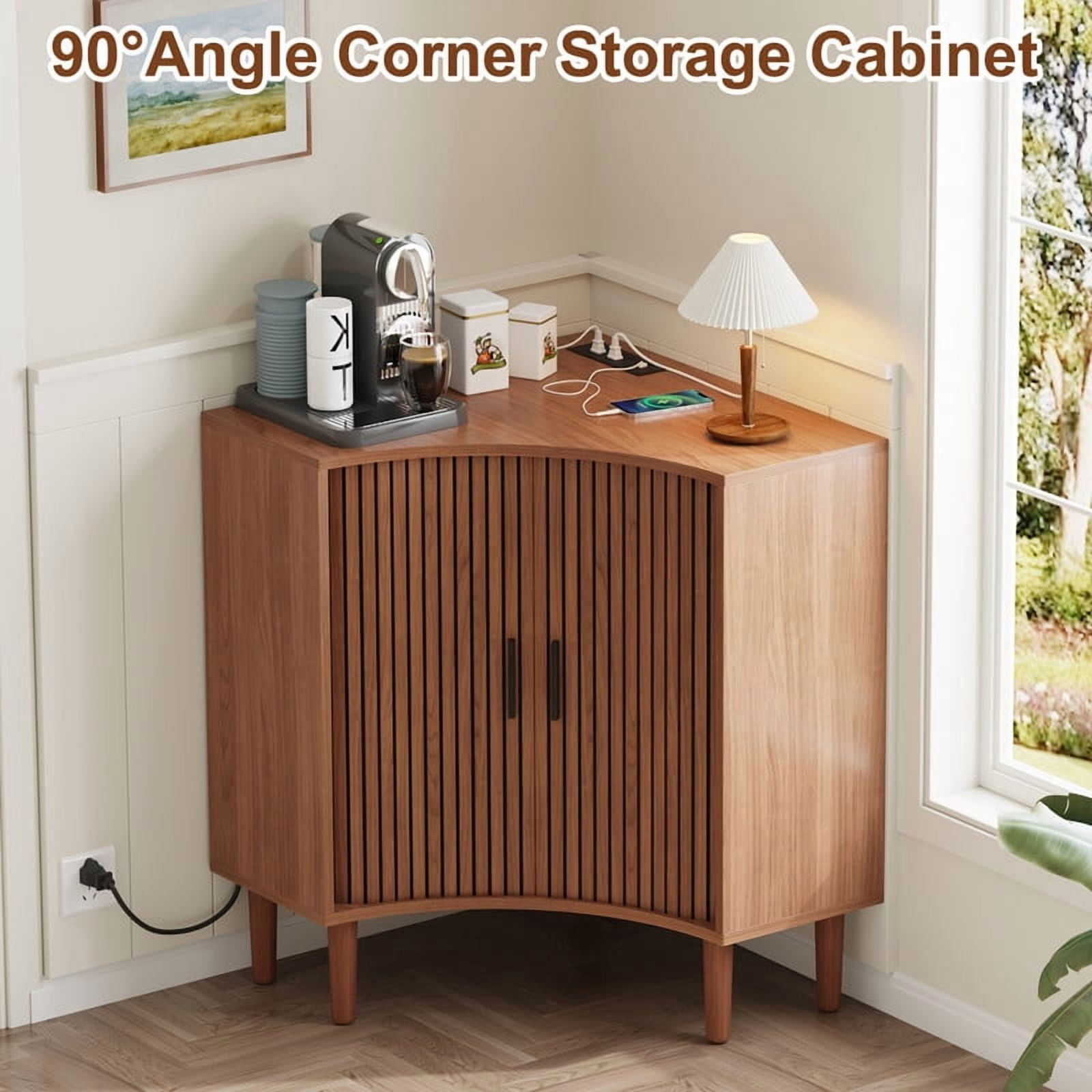 Fluted Corner Cabinet with Charging Station, Small Corner Floor Cabinet with Sliding Doors, Modern Wooden Freestanding Narrow Storage Organizer for Living Room, Small Space,Dining Room, Bathroom