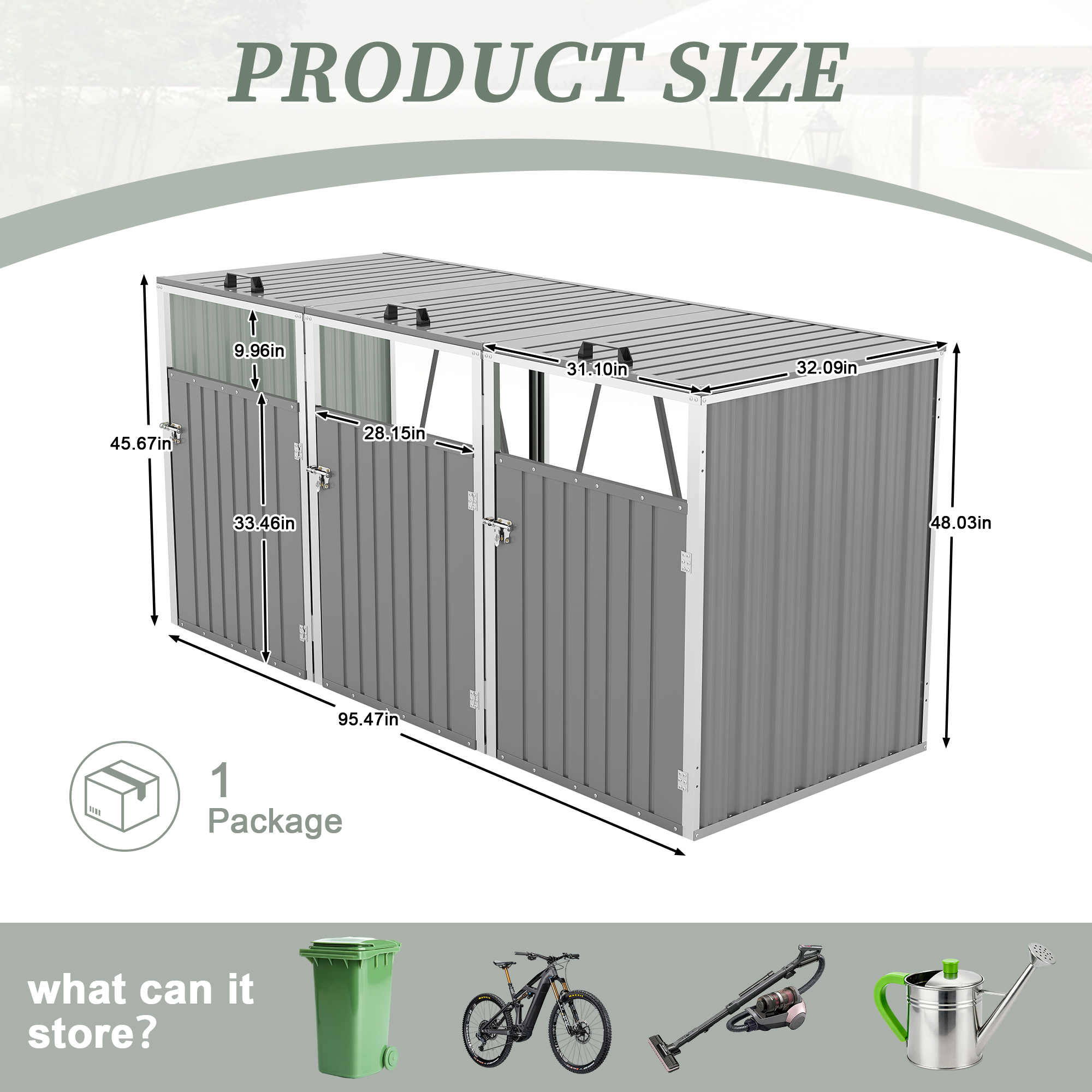 Royard Oaktree Metal Garbage Can Shed for 3 Trash Cans, 120 Cu.Ft Outdoor Storage Shed with Lockable Doors & Waterproof Lid Chain, Bike Sheds & Outdoor Storage for Patio, Garden, Backyard, Grey