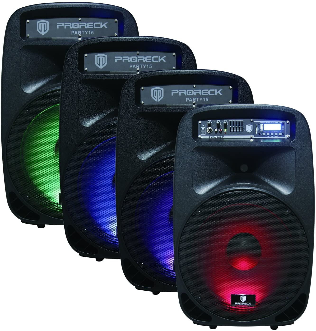 Proreck Party Portable 15" 2000 Watt 2-Way Powered PA Speaker System Combo Set with Bluetooth, USB, SD Card Reader, FM Radio, Remote Control, Wired Microphone and LED Light