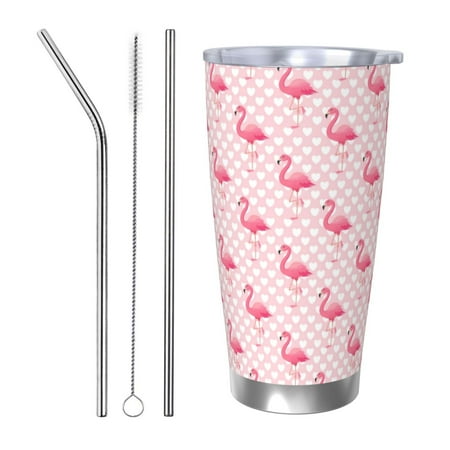 

Cauagu Cute Flamingo with Heart Pattern 20oz Tumbler Stainless Steel Vacuum Insulated Tumbler with Lid Insulated Coffee Mug Thermal Cup with Splash Proof Sliding Lid-Straw Three-piece Set