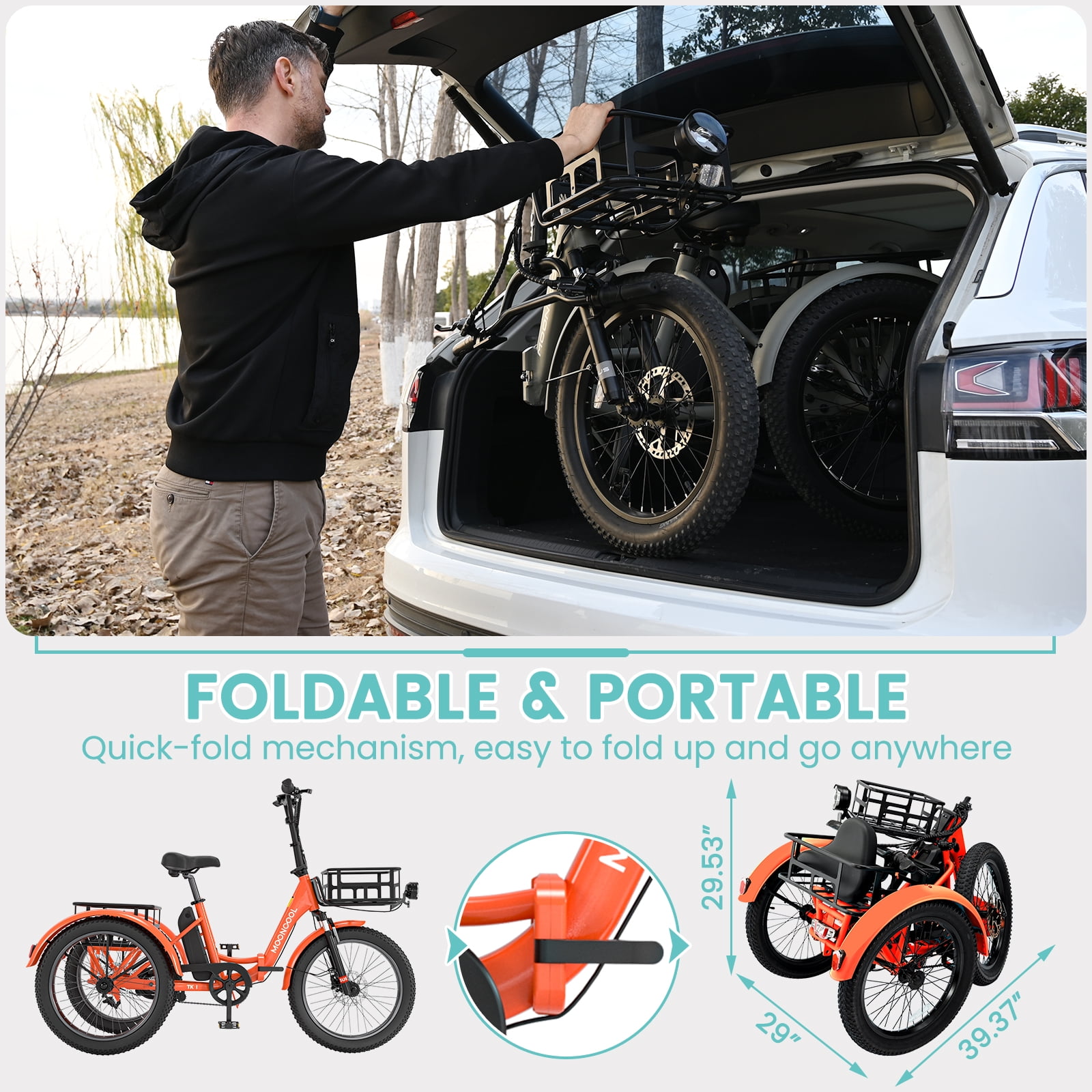 Lilypelle  Folding Electric Tricycle for Adults, Peak 1000W Motor 48V Foldable Ebike Electric Trike, 20" Fat Tire 3 Wheel Electric Bicycle with Front & Rear Baskets & Pet Carrier