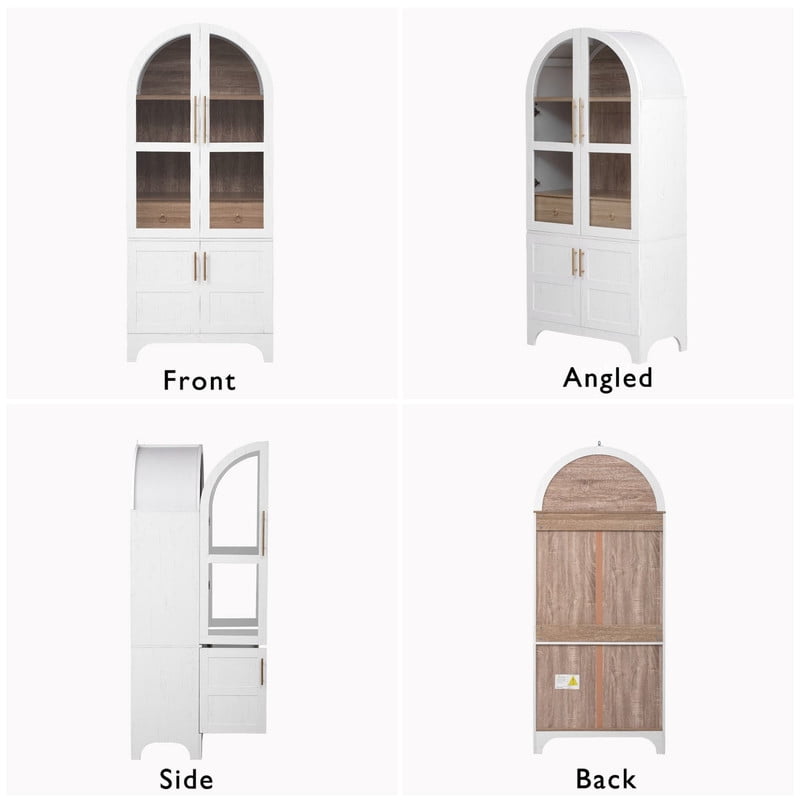 Arched Kitchen Pantry Cabinet with Door Shelves, 71" Tall Kitchen Storage Cabinet with Open & Adjustable Shelves, Freestanding Kitchen Cupboard with Hidden Drawer & Glass Door