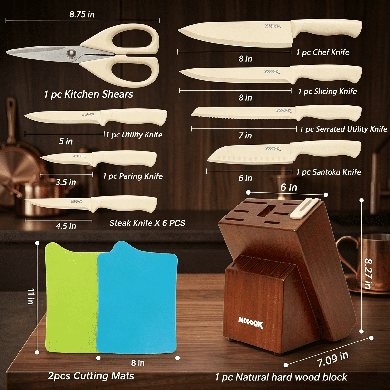 MoCook Kitchen Knife Set, 16 Pcs Knives Block Set with Built-in Sharpener, Healthy Anti-Rust Coating & German Stainless Steel Knife Set, Dishwasher Safe Beige