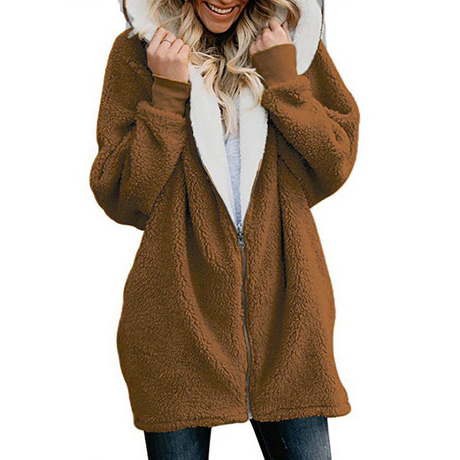 yoeyez Womens Fleece Lined Sherpa Jacket Trendy Plus Size Winter Lamb Thick Warm Coats Lapel Button Down Furry Outerwear - image 2 of 7