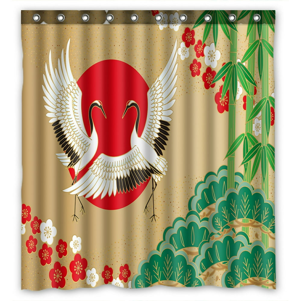 PHFZK Asian Shower Curtain, Japanese Style with Cranes and Pine Bamboo