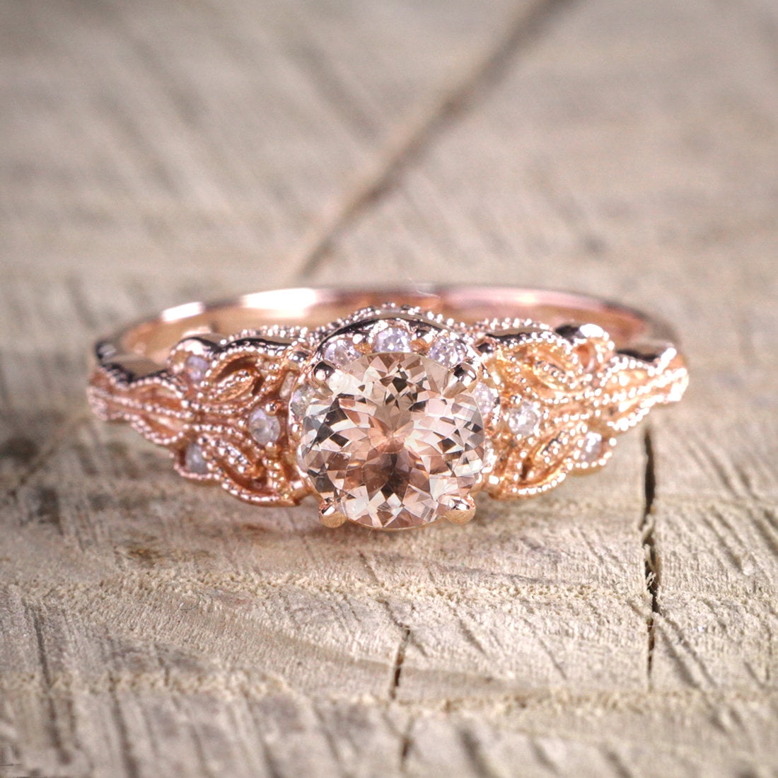 1.25 Carat Peach Pink Morganite (Round Shaped Morganite) and Diamond Engagement Ring in 10k Rose Gold Jewelry by JeenMata