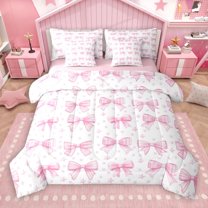 Castle Fairy Pink Bow Tie 7 Pieces Bedding Comforter Set for Girls Teens Children,Geometric Plaid Full Bedding Set Lightweight,Stars Print Fitted Sheet Flat Sheet,Ultra Soft Home Decor