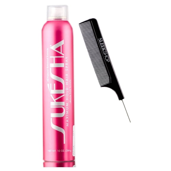 Sukesha Maximum Hold Hair Spray, ultimate hold aerosol formula (with Sleek Steel Pin Tail Comb) (10 oz / 284 gram - retail size)