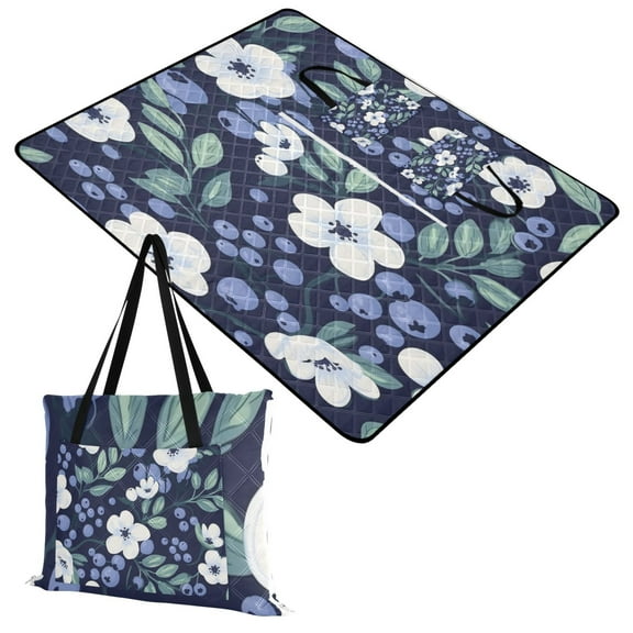Blueberries and Flower Extra Large Picnic Beach Blanket Waterproof Sand Proof Portable Outdoor Mat 60x80