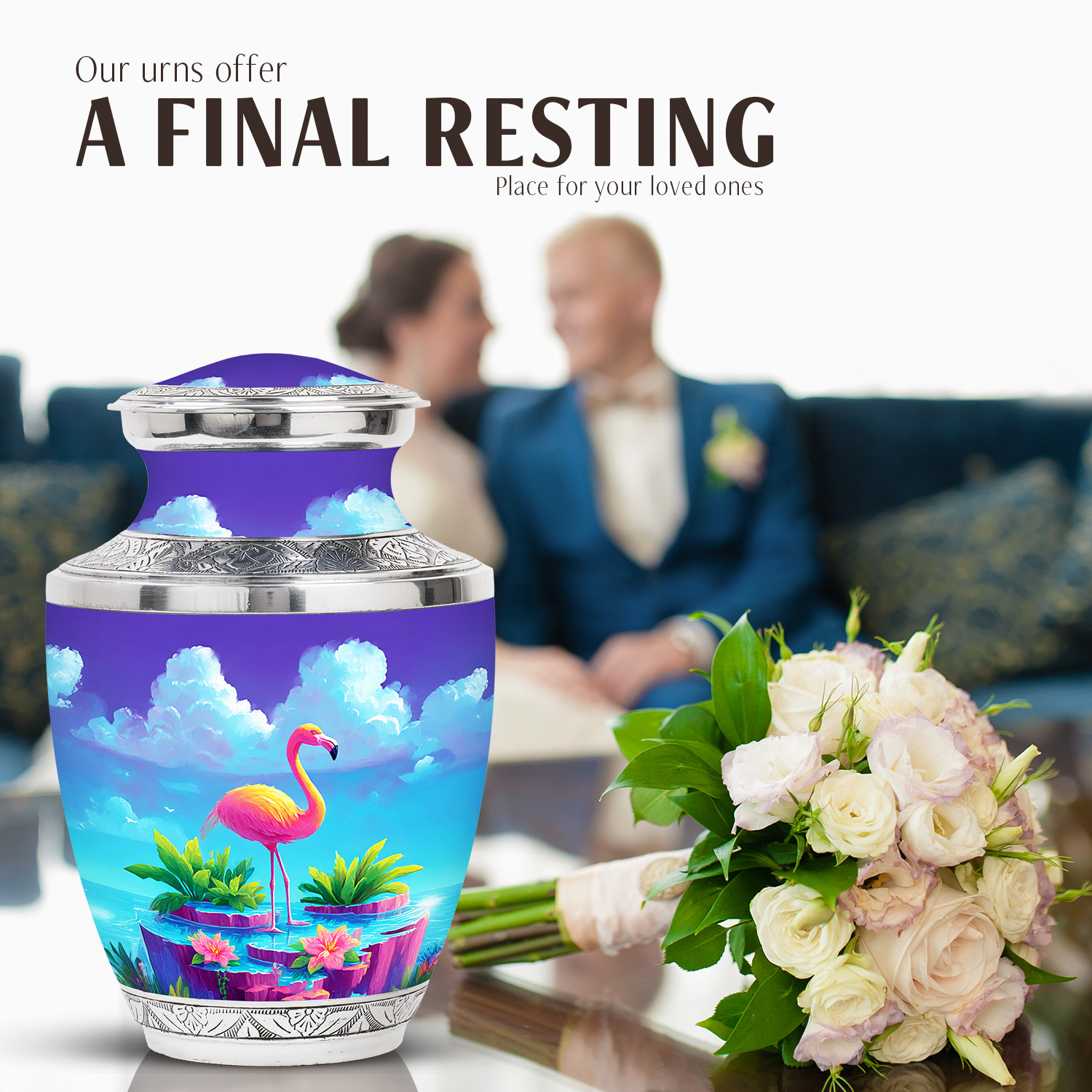 JAGASY Pink Flamingo Burial Combo Urn Set of 5, Purple Small Urns for Human Ashes Keepsake, Pink Flowers & Cloudy Sky Decorative Urns for Mom & Dad, Large Cremation Urn, (1 Large, 10" & 4 Small, 3")