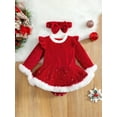 thumbnail image 3 of Musuos 2Pcs Baby Girls Christmas Outfit, Plush Patchwork Long Sleeve Romper Dress + Hairband Set for Toddler, 0-24 Months, 3 of 10